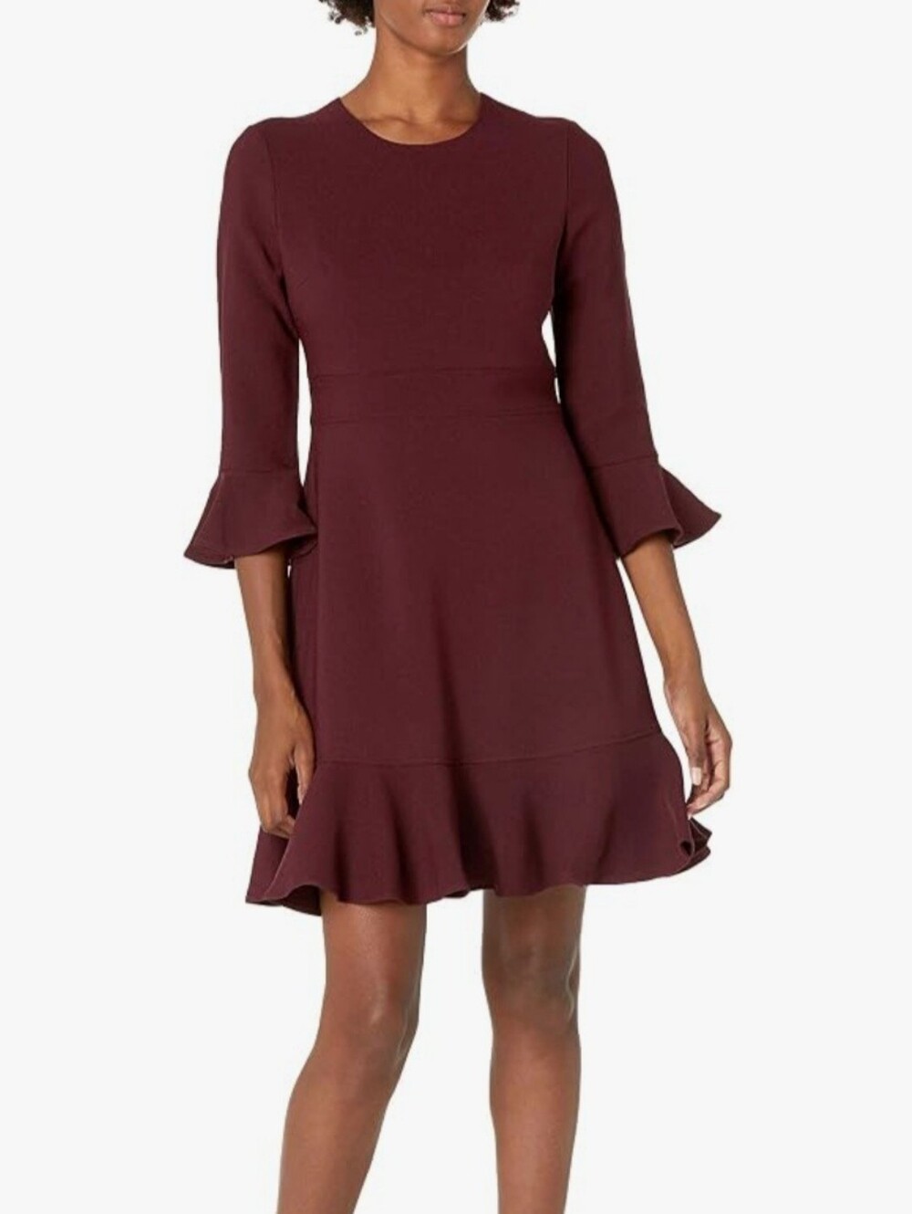 Eliza J Burgundy Bell Sleeved Fit And Flare Flounce Hem Dress